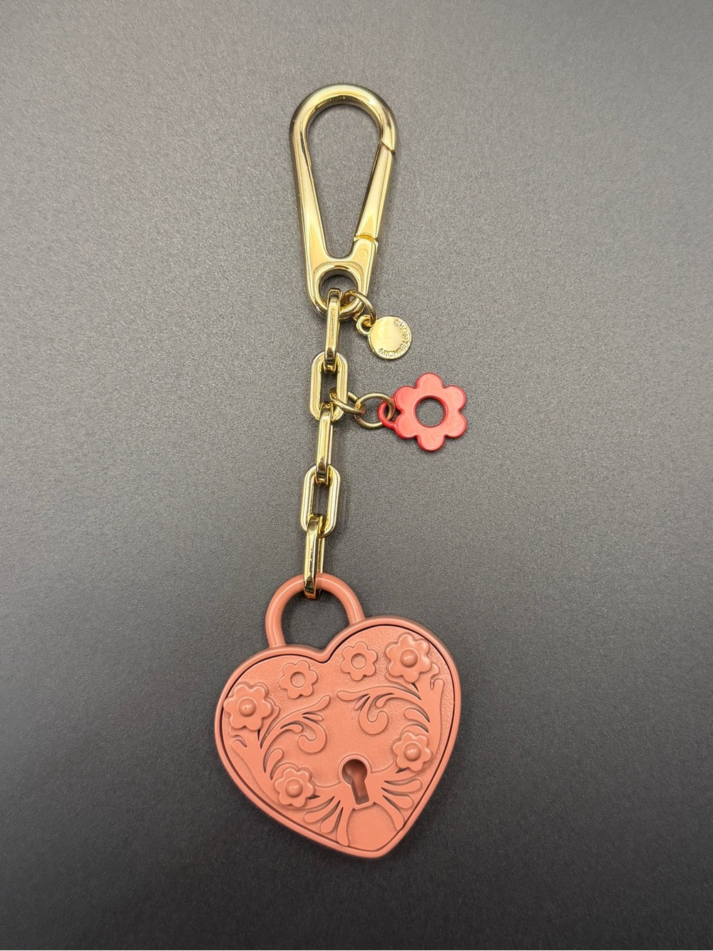 Michael Kors Gold-Tone Keychain with Coral Pink Heart Lock and Flower Charm